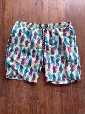 Tropical Pineapple Swim Trunks in Cream with Blue & Pink Print